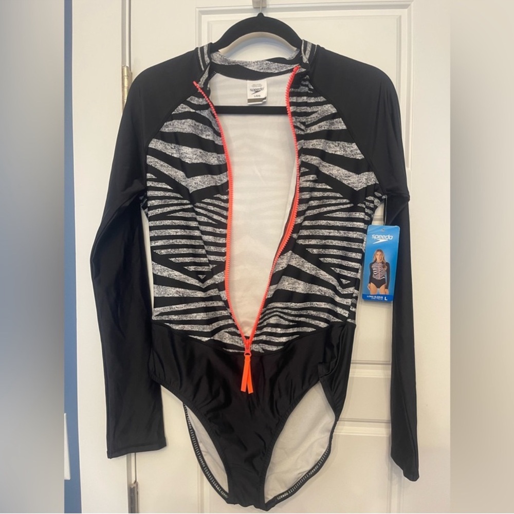 Speedo Black and Coral Zebra-Print Long-Sleeve One-Piece Swim Bodysuit